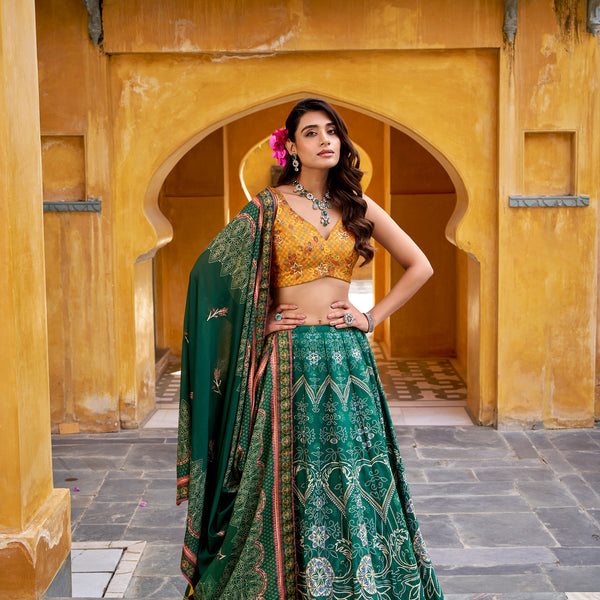 Lorenvalley Fashion Green Vaishali silk Printed with Beads Work and Gota Patti Lace Lehenga Choli with Dupatta - Distacart