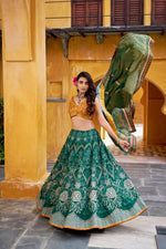 Thumbnail for Lorenvalley Fashion Green Vaishali silk Printed with Beads Work and Gota Patti Lace Lehenga Choli with Dupatta - Distacart