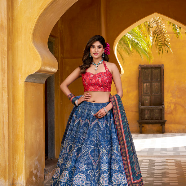Lorenvalley Fashion Blue Vaishali silk Printed with Beads Work and Gota Patti Lace Lehenga Choli with Dupatta - Distacart