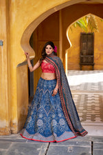 Thumbnail for Lorenvalley Fashion Blue Vaishali silk Printed with Beads Work and Gota Patti Lace Lehenga Choli with Dupatta - Distacart
