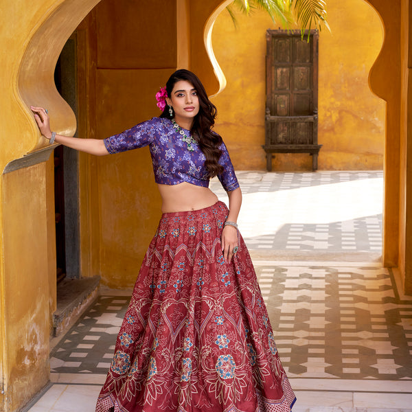 Lorenvalley Fashion Maroon Vaishali silk Printed with Beads Work and Gota Patti Lace Lehenga Choli with Dupatta - Distacart