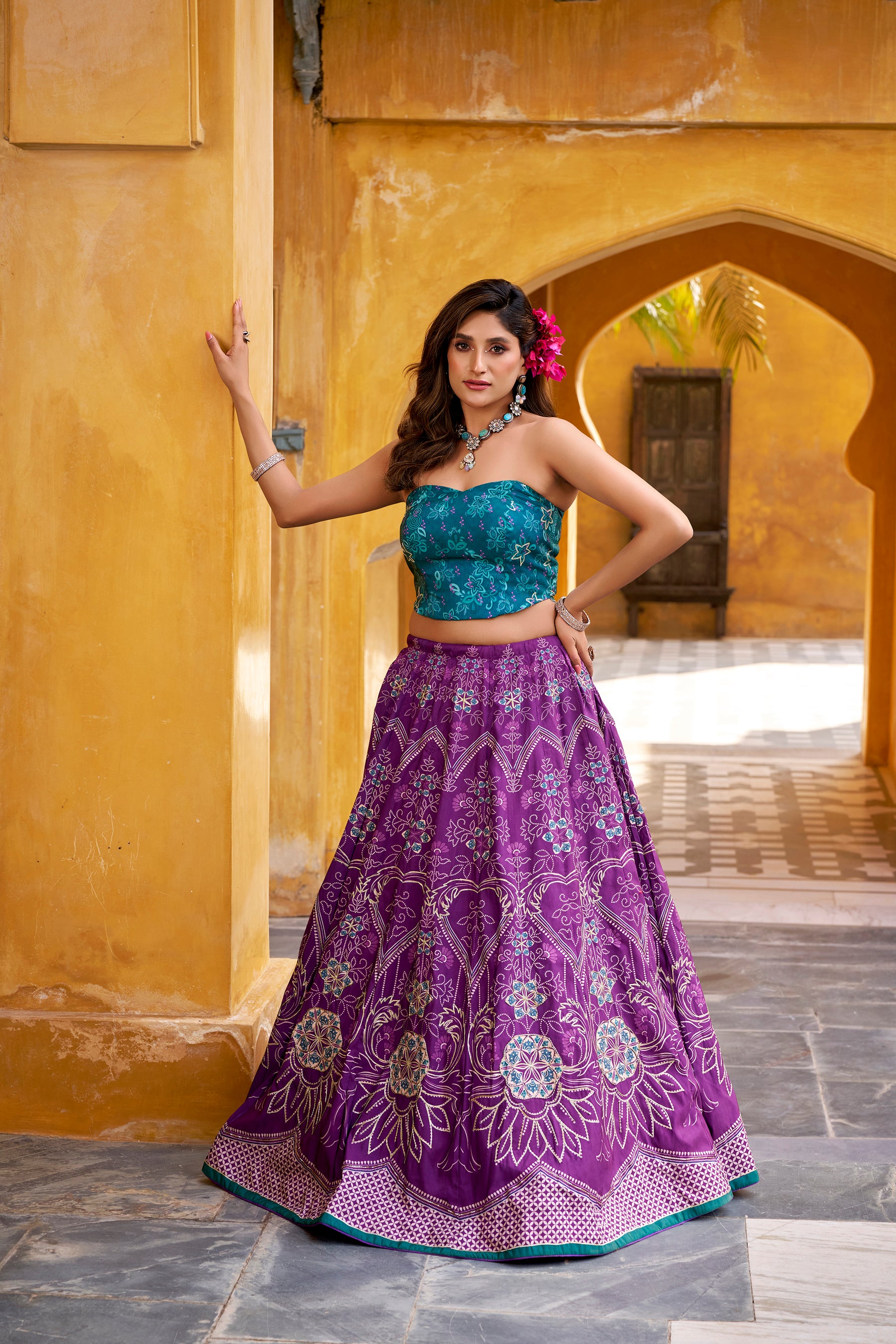 Lorenvalley Fashion Purple Vaishali silk Printed with Beads Work and Gota Patti Lace Lehenga Choli with Dupatta