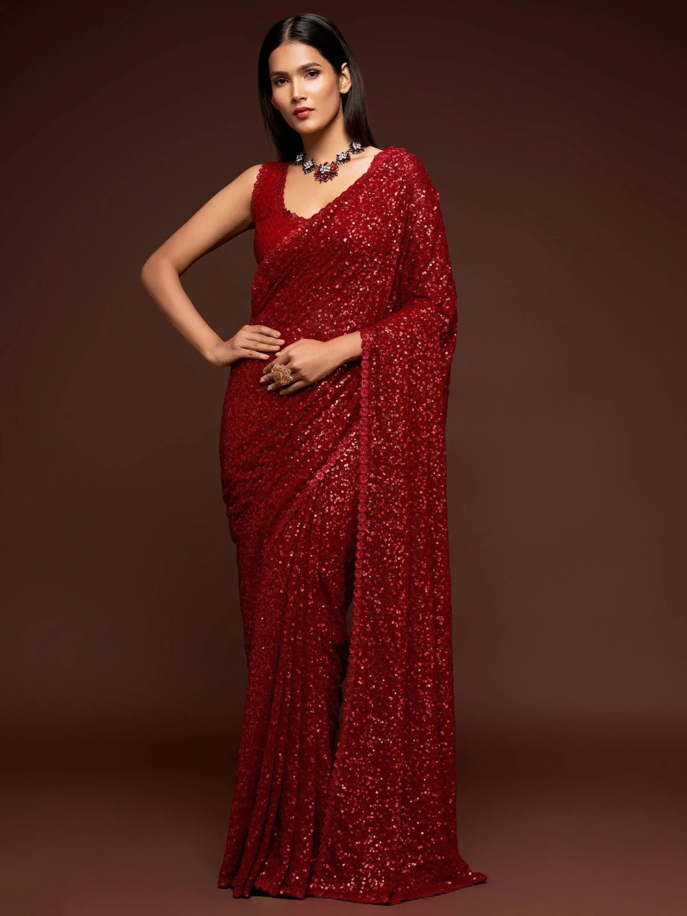 Tulsi Art Ruby Red Fully Sequined Georgette Party Wear Saree - Dista