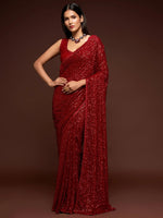 Thumbnail for Tulsi Art Ruby Red Fully Sequined Georgette Party Wear Saree
