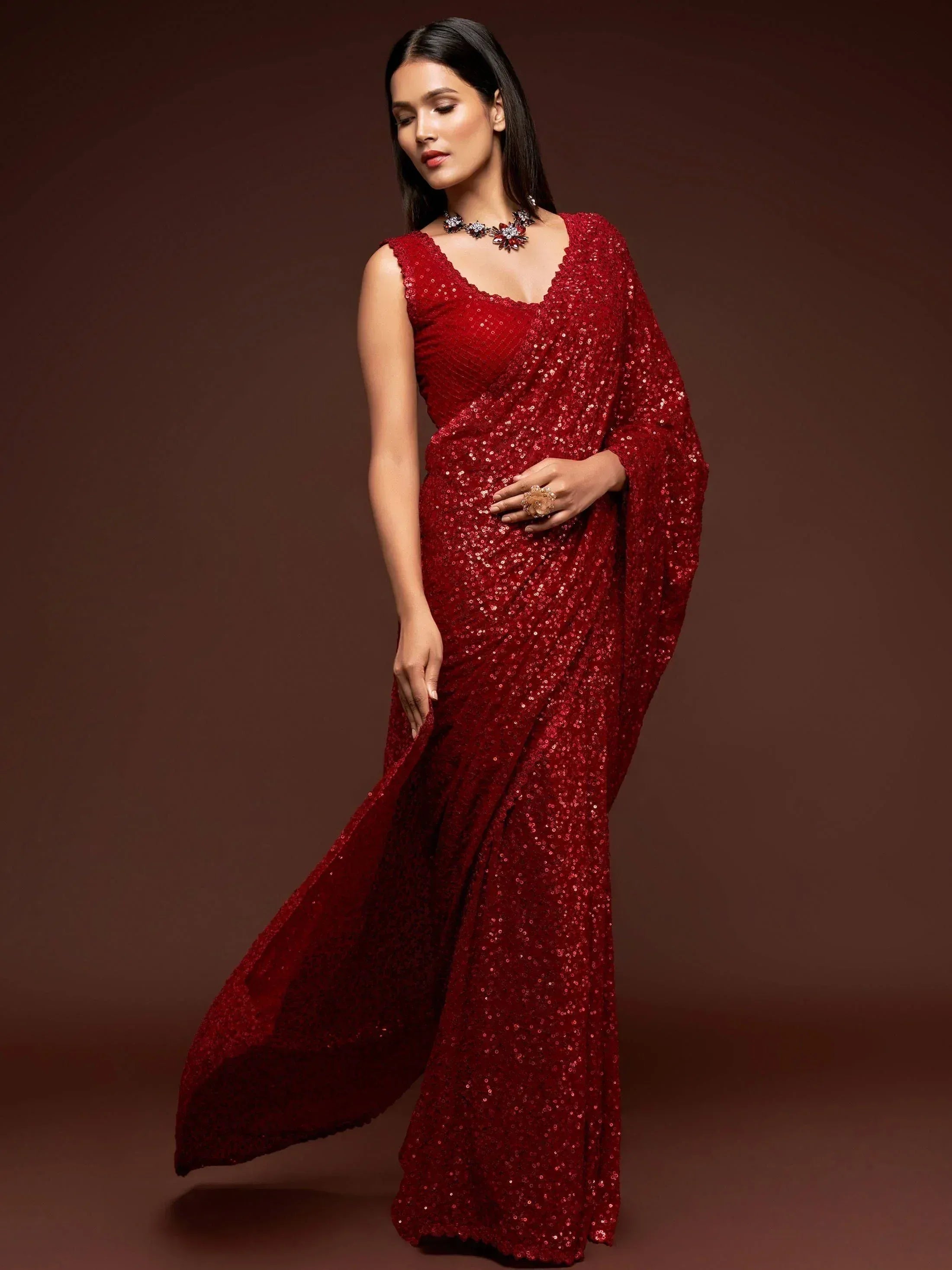 Tulsi Art Ruby Red Fully Sequined Georgette Party Wear Saree
