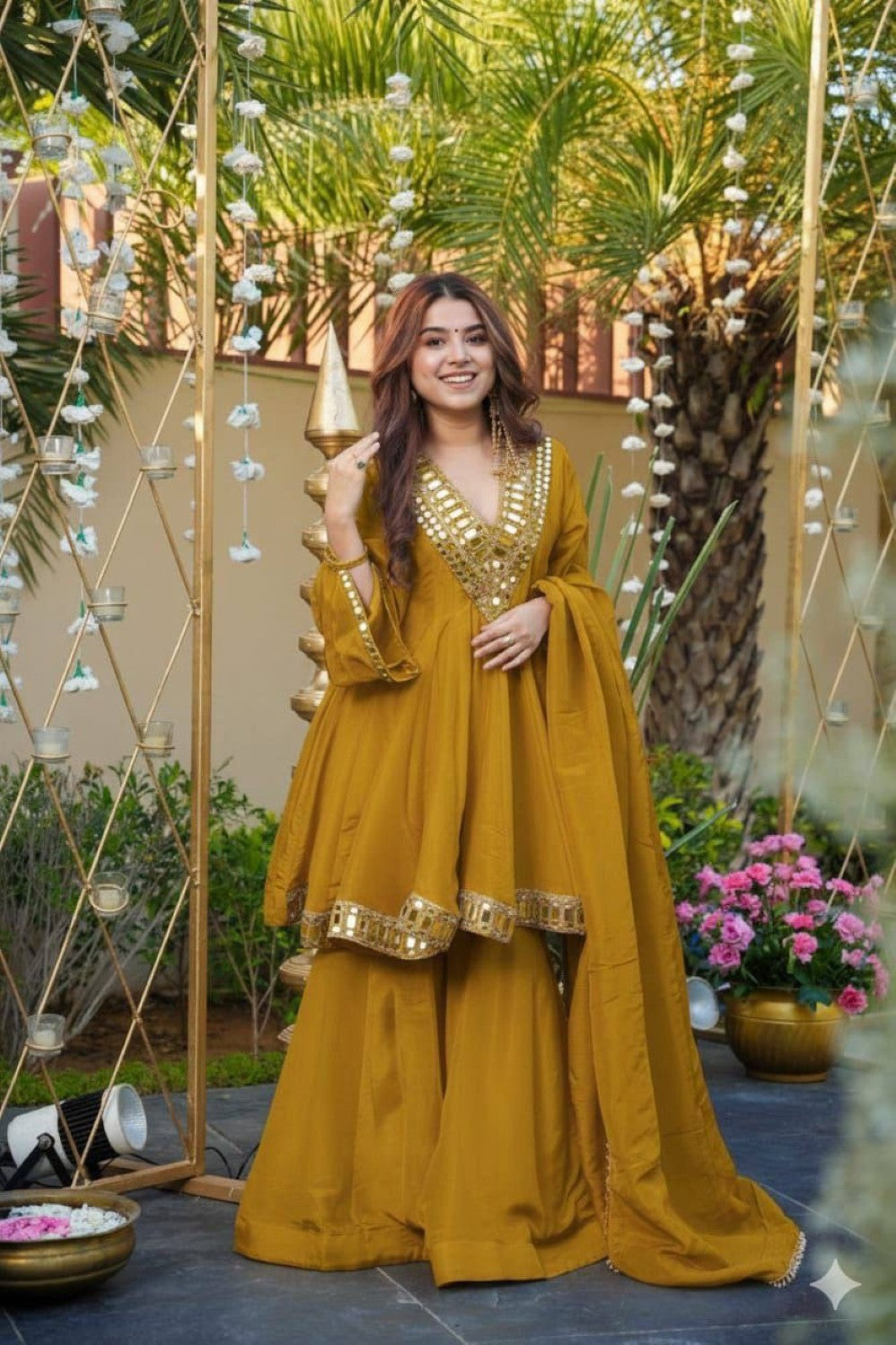 Anaita Mustard Silk Readymade Suit with Real Mirror Work - Dista
