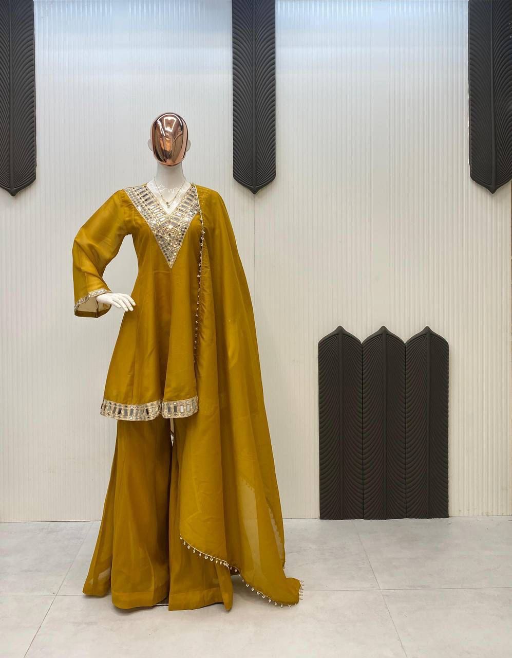Anaita Mustard Silk Readymade Suit with Real Mirror Work - Dista