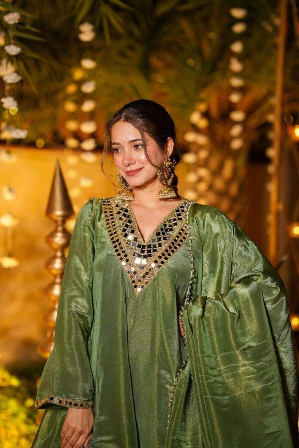 Anaita Green Silk Readymade Suit with Real Mirror Work - Dista