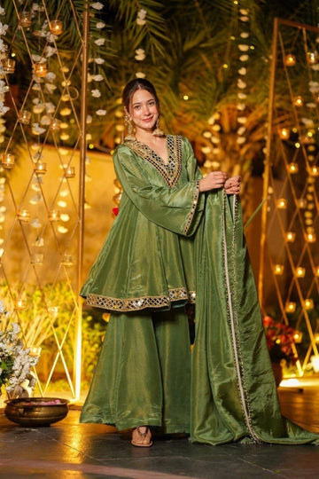 Anaita Green Silk Readymade Suit with Real Mirror Work - Dista
