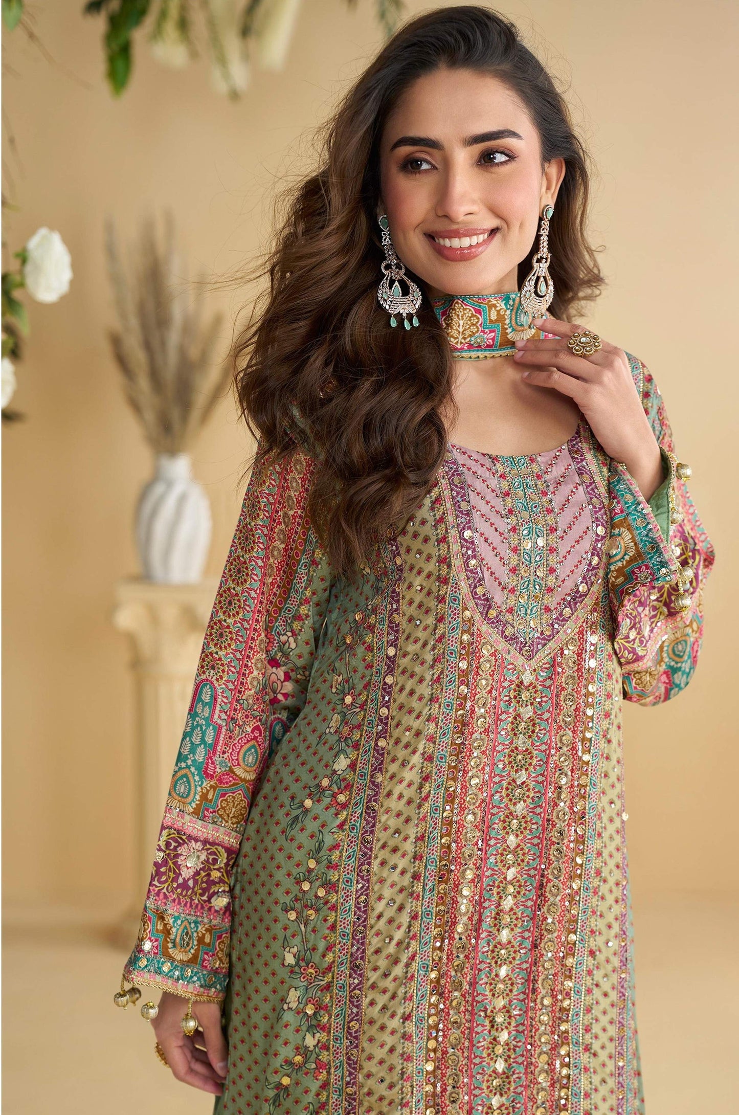 Anaita Green Crepe Stitched Suit With Digital Printed Work - Distacart
