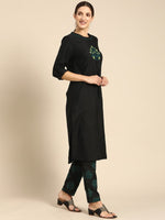 Thumbnail for All About You Women Black Floral Yoke Design Regular Thread Work Kurta with Trousers - Distacart