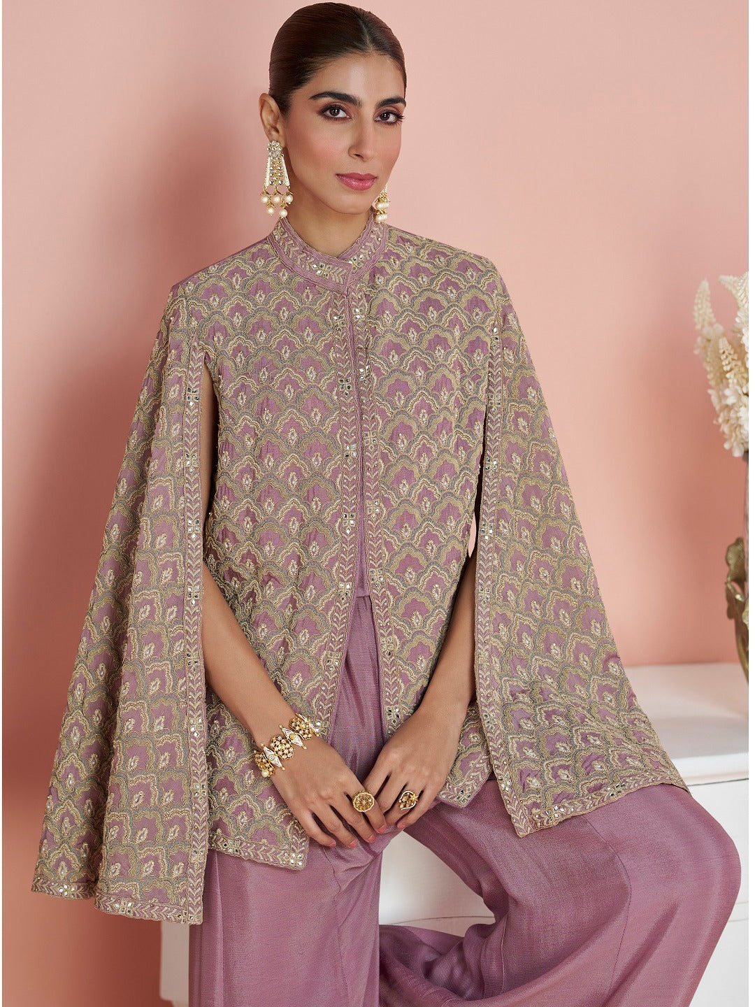 Anaita Lavender Chinon Readymade 2 Piece Set with Embroidery Thread Work - Dista