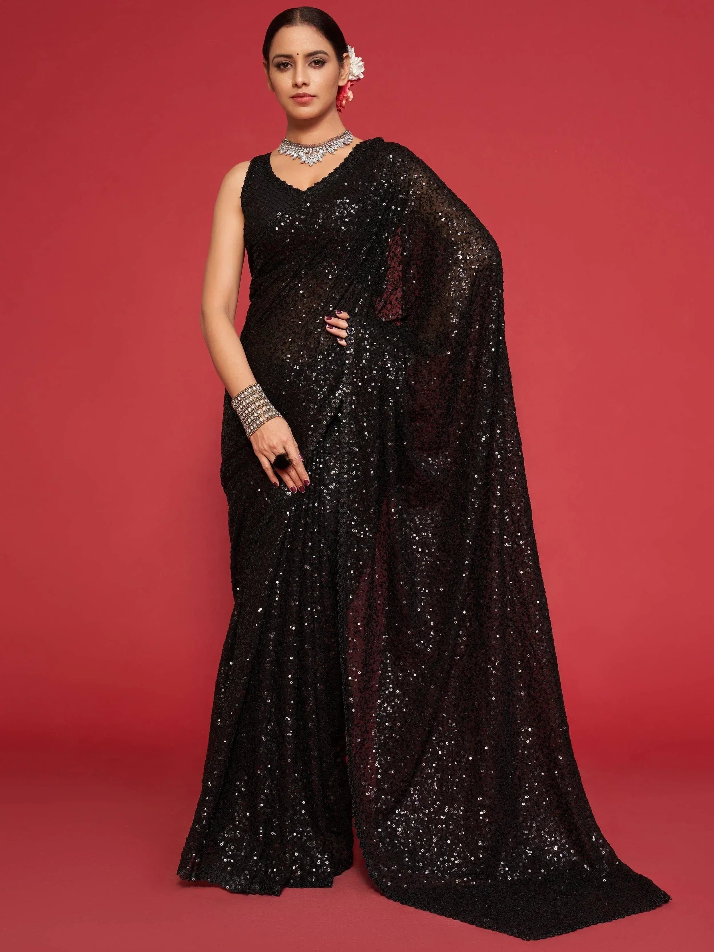 Tulsi Art Black Fully Sequined Georgette Party Wear Saree - Dista