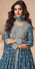 Thumbnail for Anaita Teal Chinon With Sequence Embroidery Salwar Suit - Distacart
