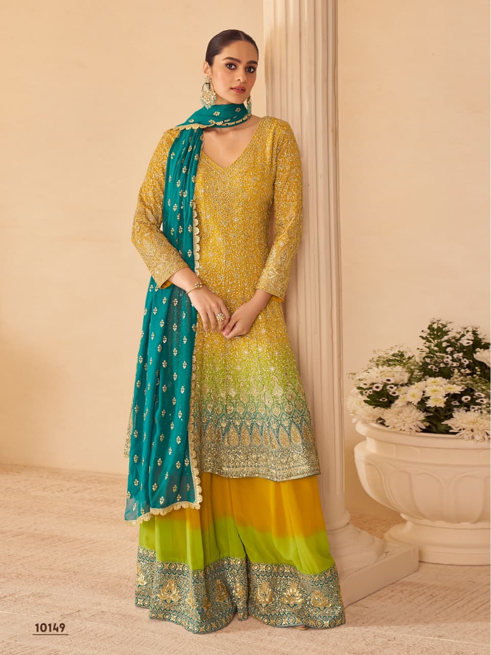 Anaita Yellow Real Georgette Free Size Stitched Suit With Sequence & Diamond Work - Dista