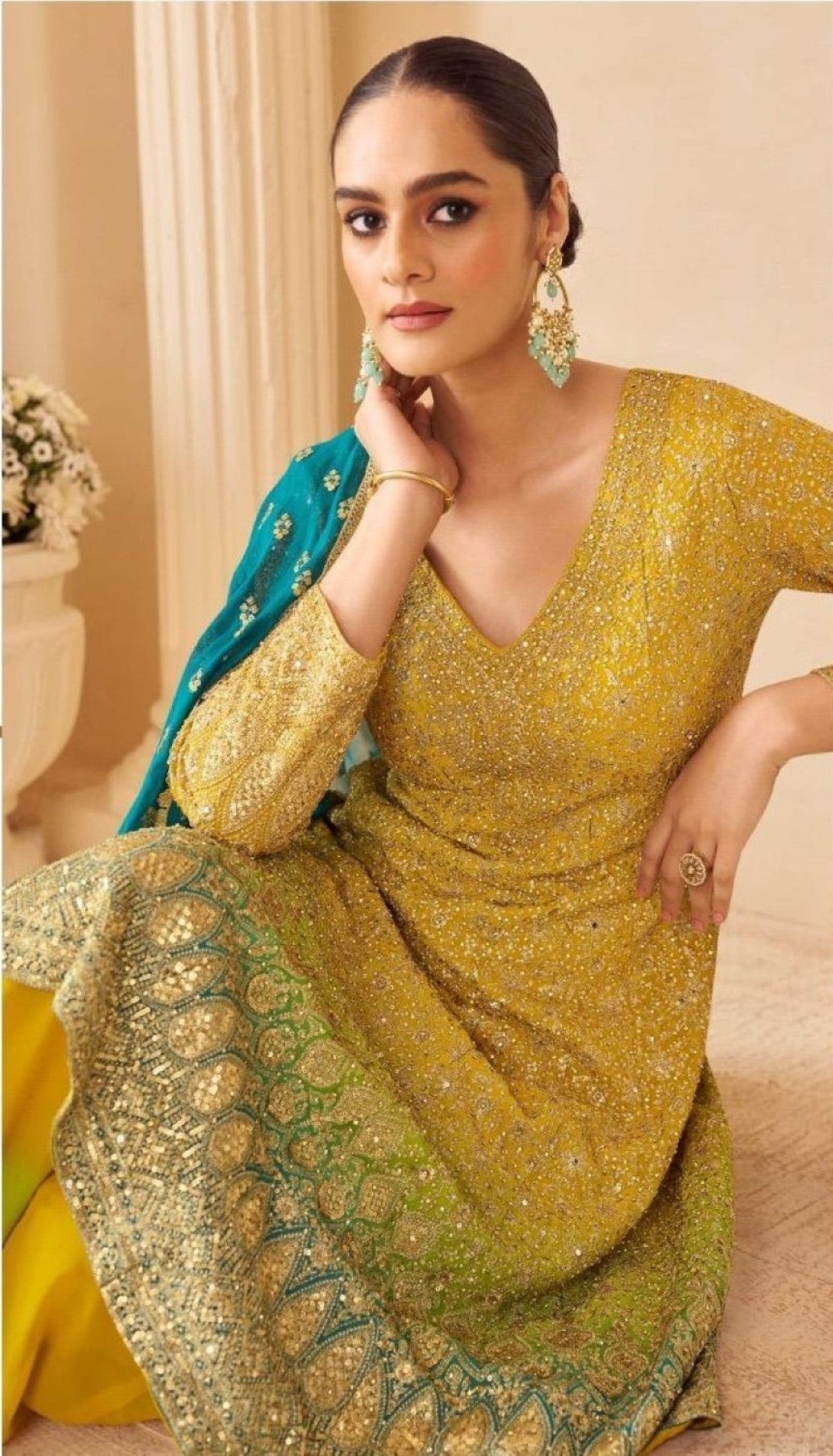 Anaita Yellow Real Georgette Free Size Stitched Suit With Sequence & Diamond Work - Dista