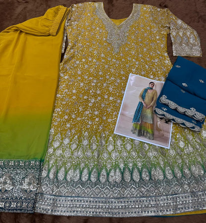 Anaita Yellow Real Georgette Free Size Stitched Suit With Sequence & Diamond Work - Dista