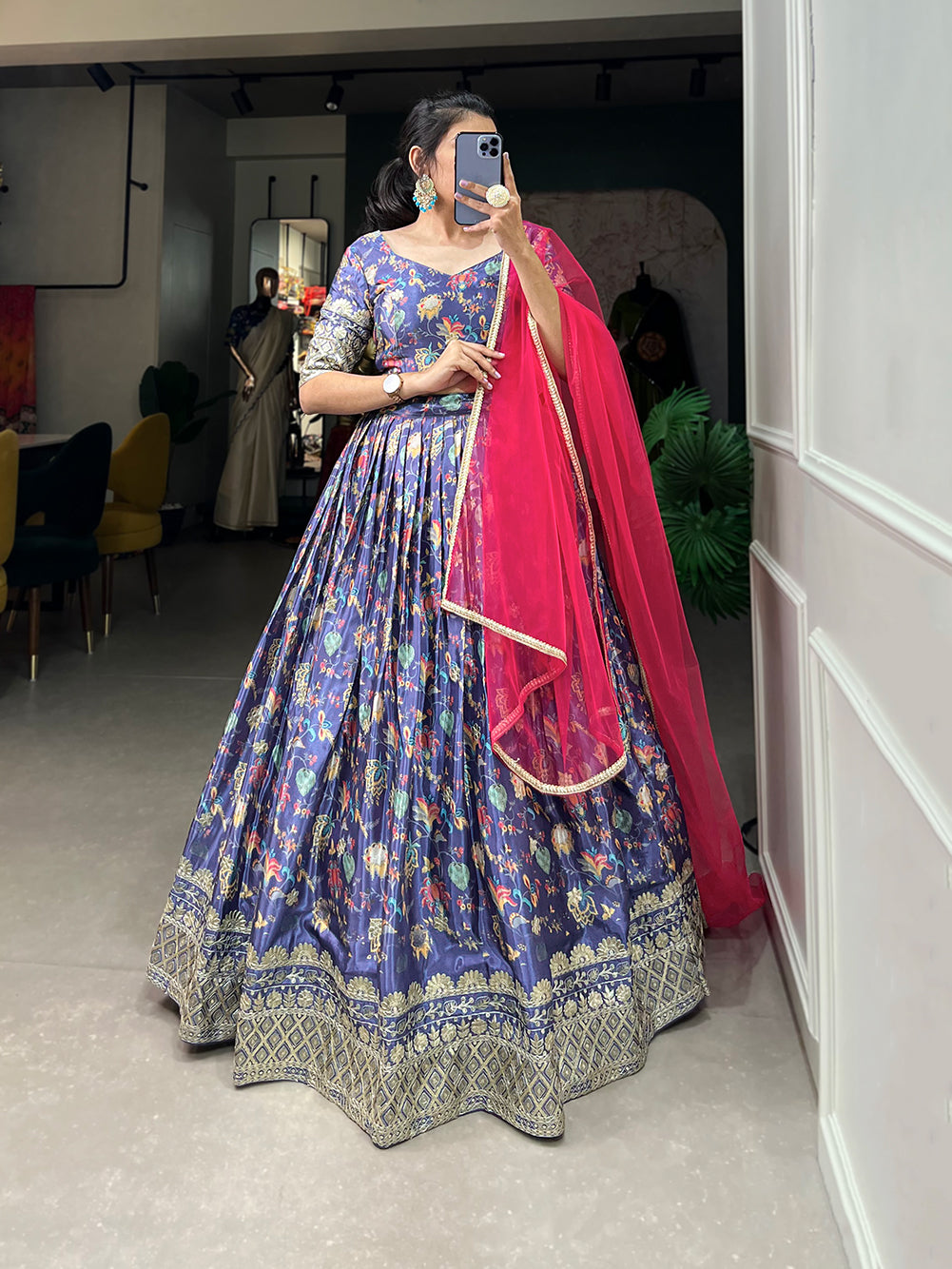 Lorenvalley Lavender Chinon Digital Print with Embroidery Sequins Work Lehenga Choli with Dupatta - Distacart