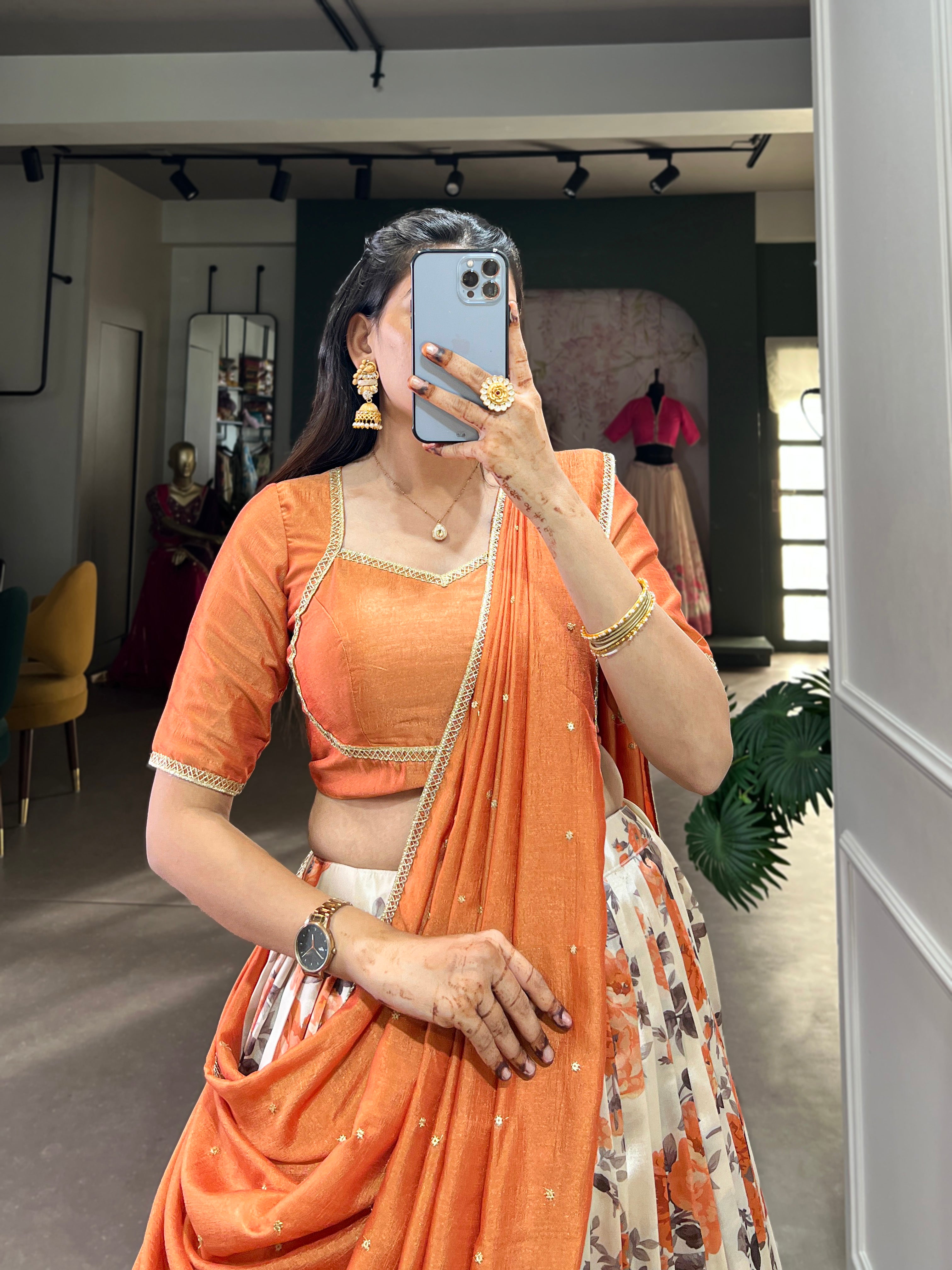 Lorenvalley Orange and White Dola Silk Floral Print And Zari Weaving Work With Lace Touch Up Lehenga Choli - Distacart