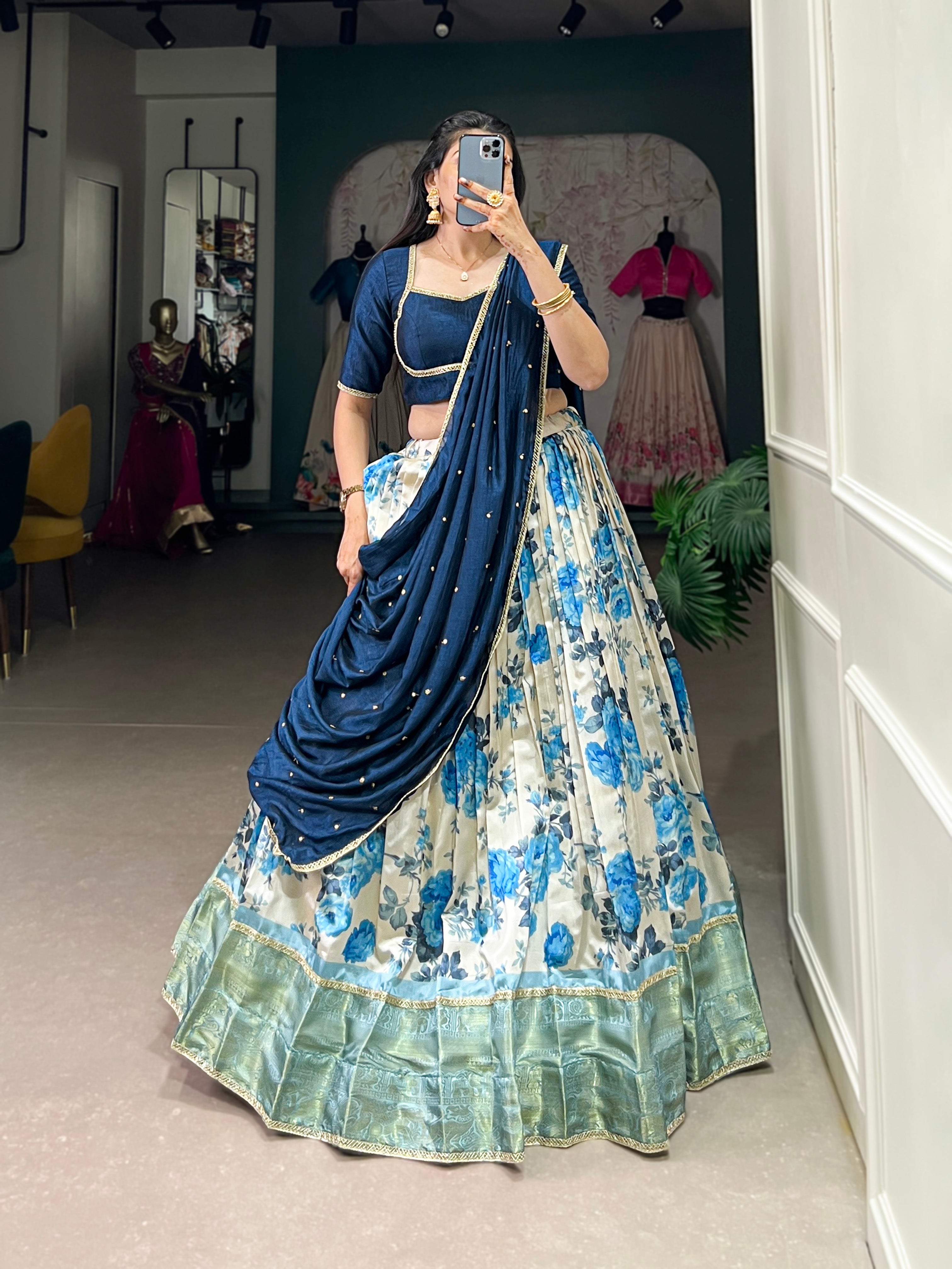 Lorenvalley Blue and White Dola Silk Floral Print And Zari Weaving Work With Lace Touch Up Lehenga Choli - Distacart