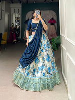 Thumbnail for Lorenvalley Blue and White Dola Silk Floral Print And Zari Weaving Work With Lace Touch Up Lehenga Choli - Distacart