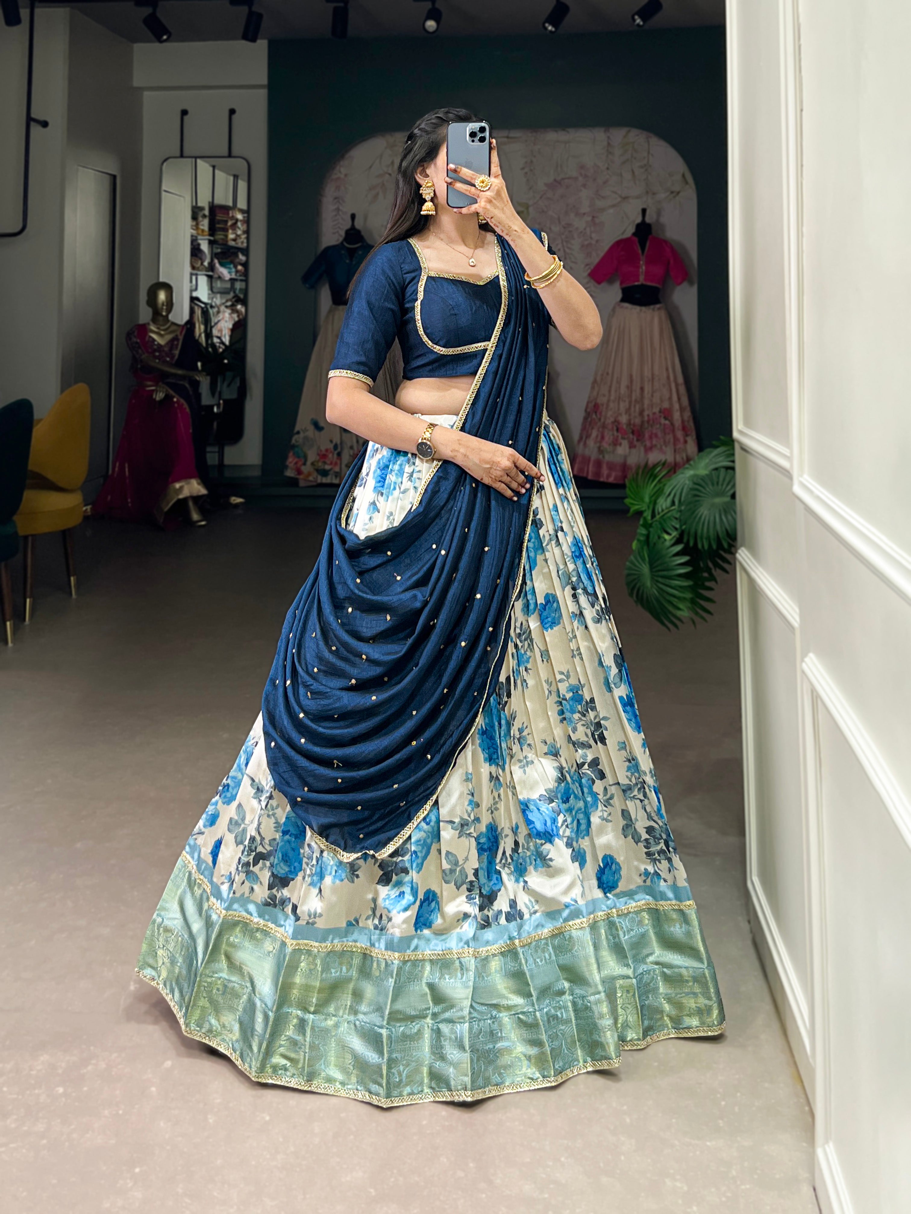 Lorenvalley Blue and White Dola Silk Floral Print And Zari Weaving Work With Lace Touch Up Lehenga Choli - Distacart