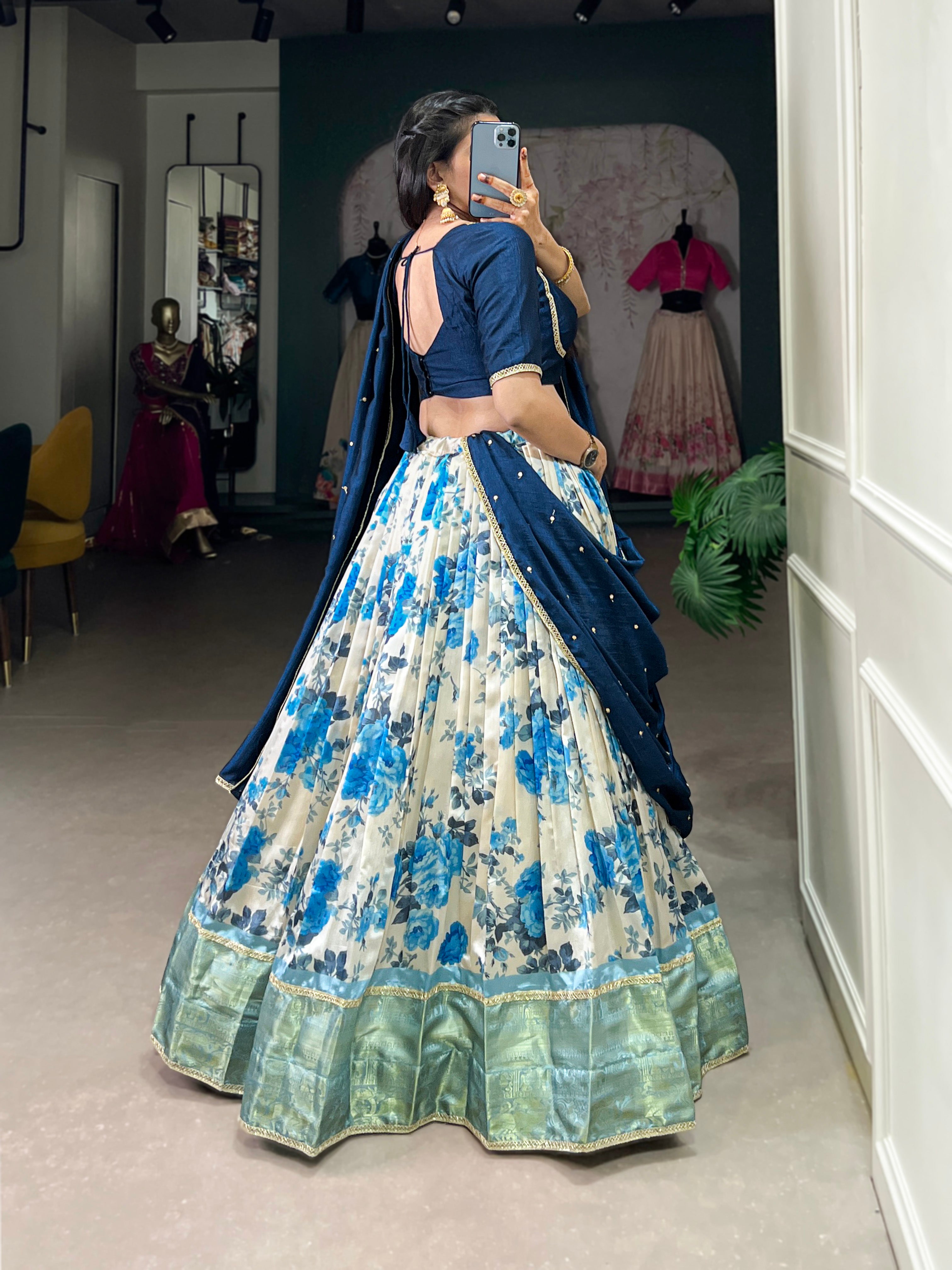 Lorenvalley Blue and White Dola Silk Floral Print And Zari Weaving Work With Lace Touch Up Lehenga Choli - Distacart