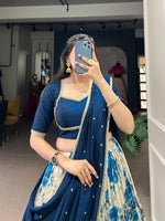 Thumbnail for Lorenvalley Blue and White Dola Silk Floral Print And Zari Weaving Work With Lace Touch Up Lehenga Choli - Distacart