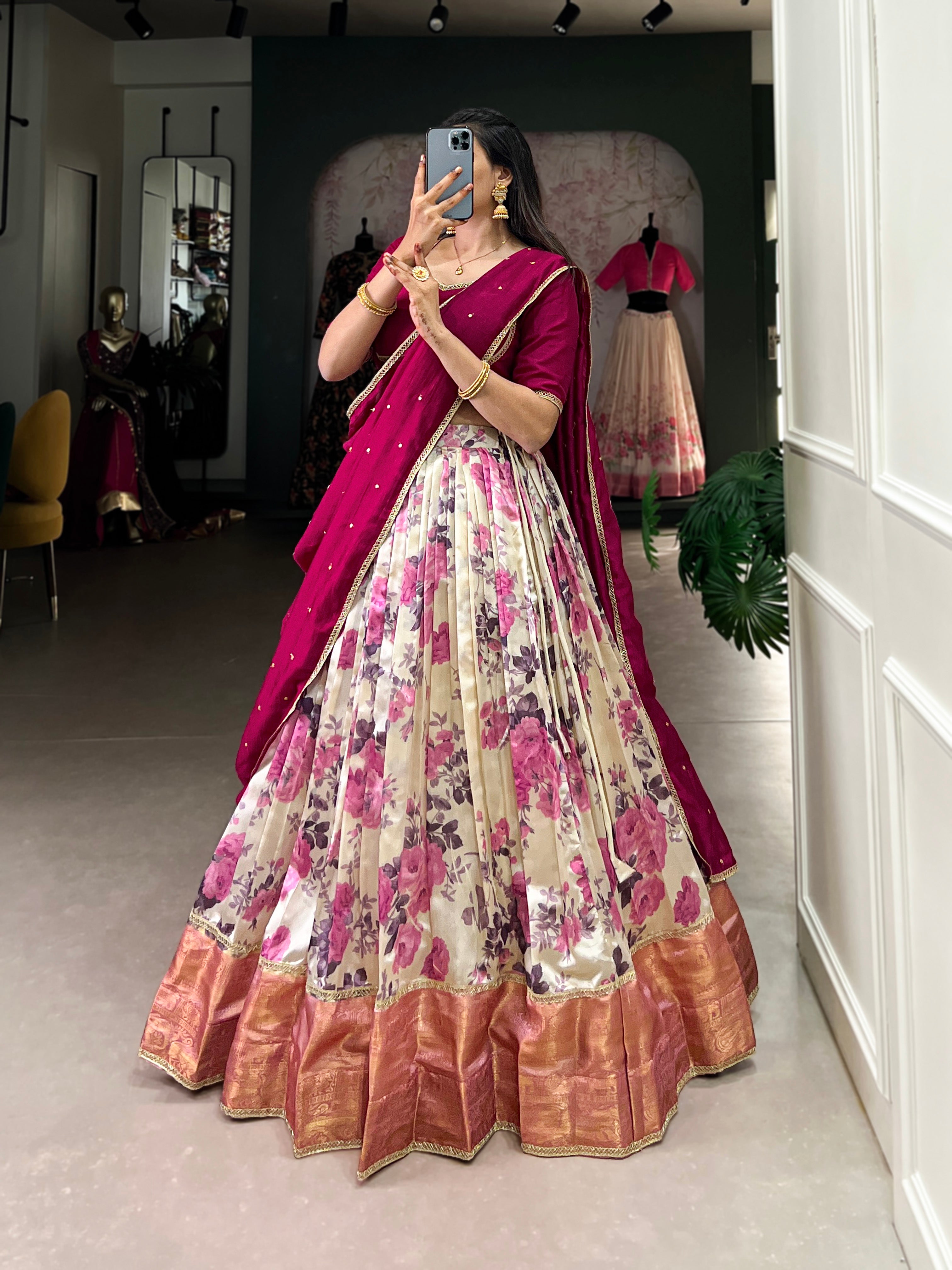 Lorenvalley Ranipink and White Dola Silk Floral Print And Zari Weaving Work With Lace Touch Up Lehenga Choli - Distacart