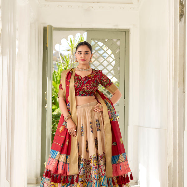 Lorenvalley Cream Dola Silk Kalamkari Print With Weaving Border Lehenga Choli - Distacart