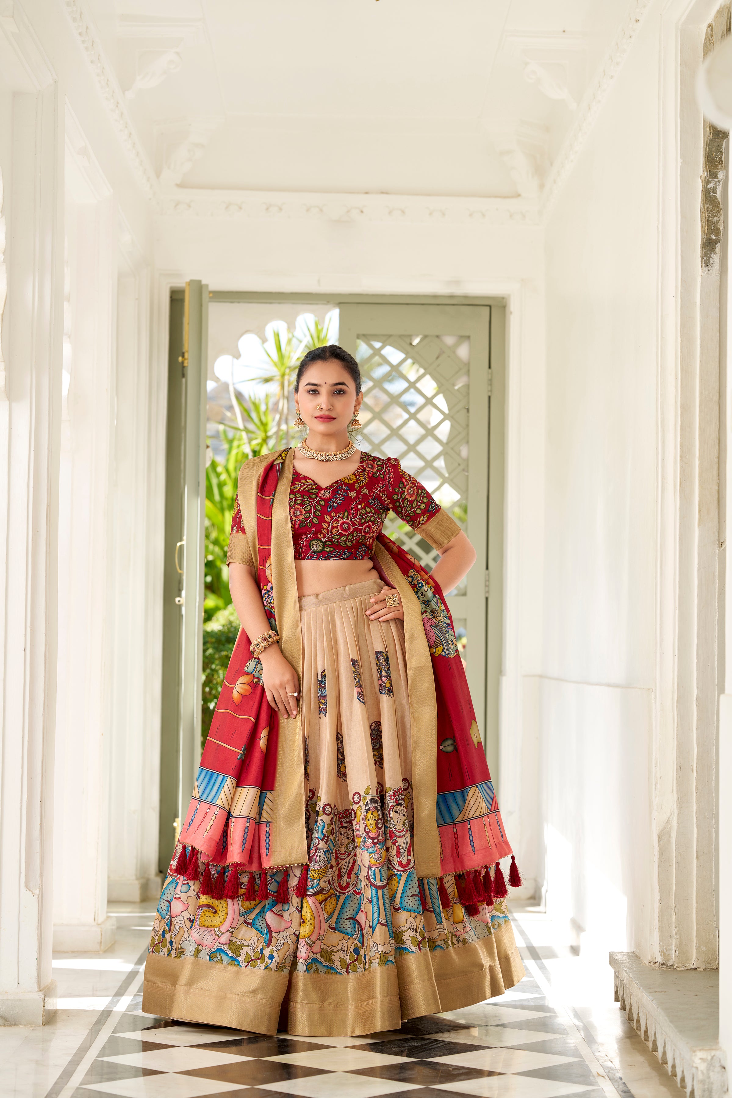 Lorenvalley Cream Dola Silk Kalamkari Print With Weaving Border Lehenga Choli - Distacart