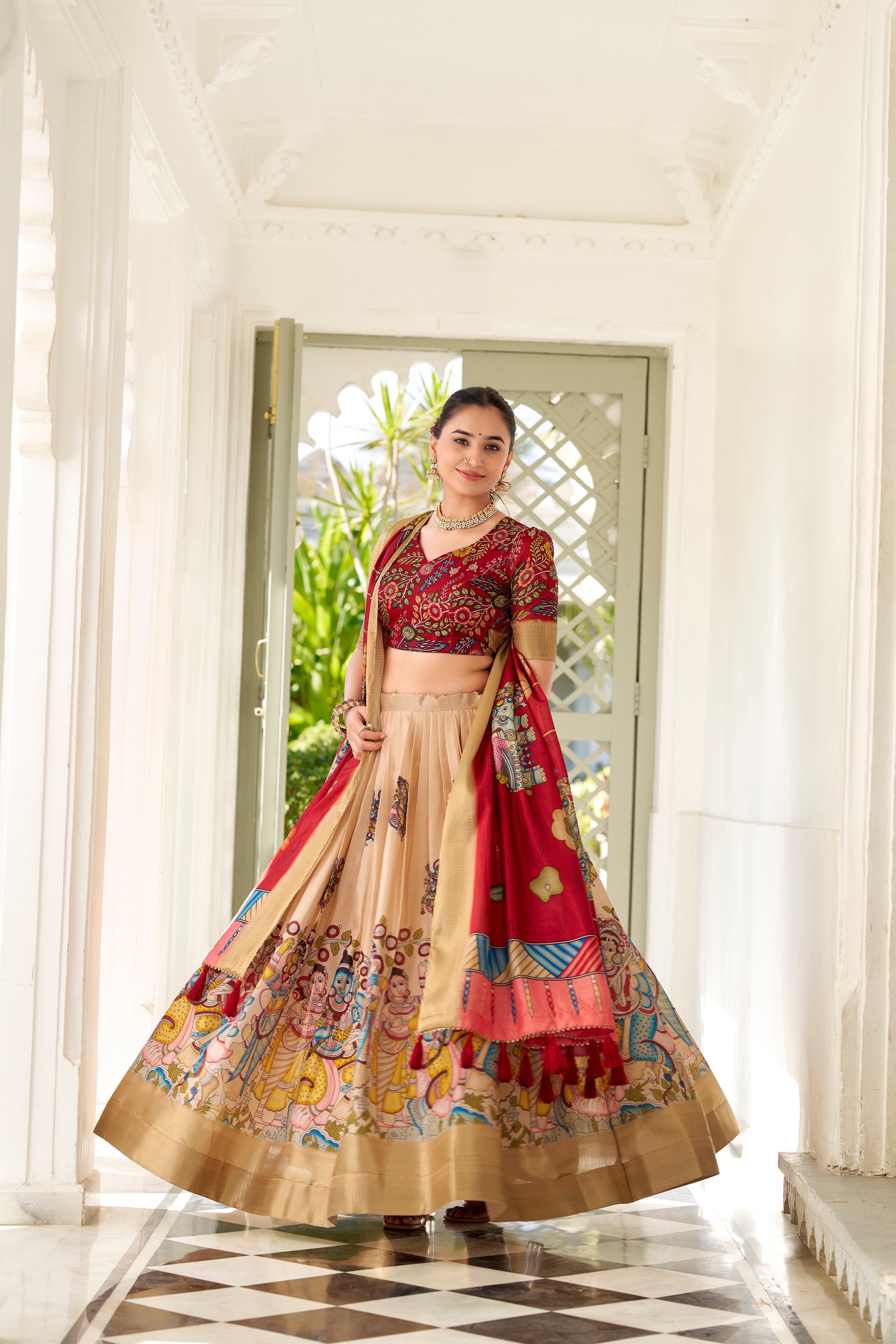 Lorenvalley Cream Dola Silk Kalamkari Print With Weaving Border Lehenga Choli - Distacart
