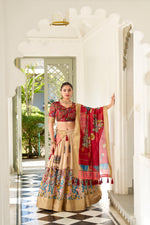 Thumbnail for Lorenvalley Cream Dola Silk Kalamkari Print With Weaving Border Lehenga Choli - Distacart