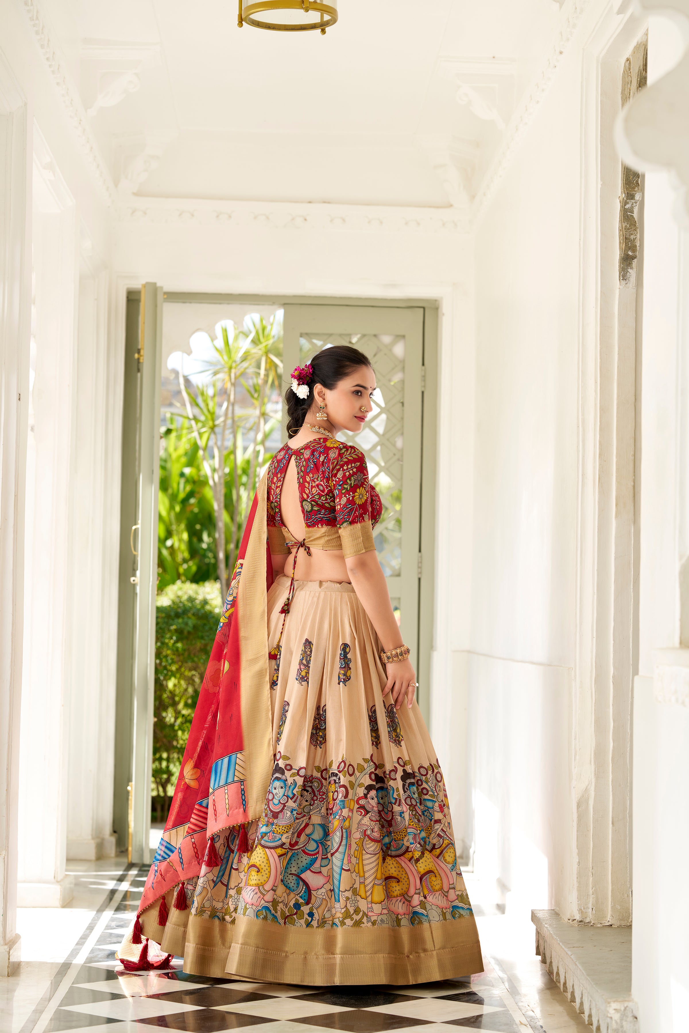 Lorenvalley Cream Dola Silk Kalamkari Print With Weaving Border Lehenga Choli - Distacart
