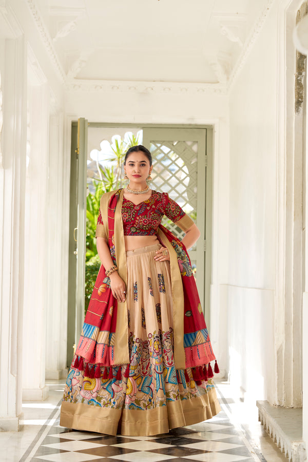 Lorenvalley Cream Dola Silk Kalamkari Print With Weaving Border Lehenga Choli - Distacart