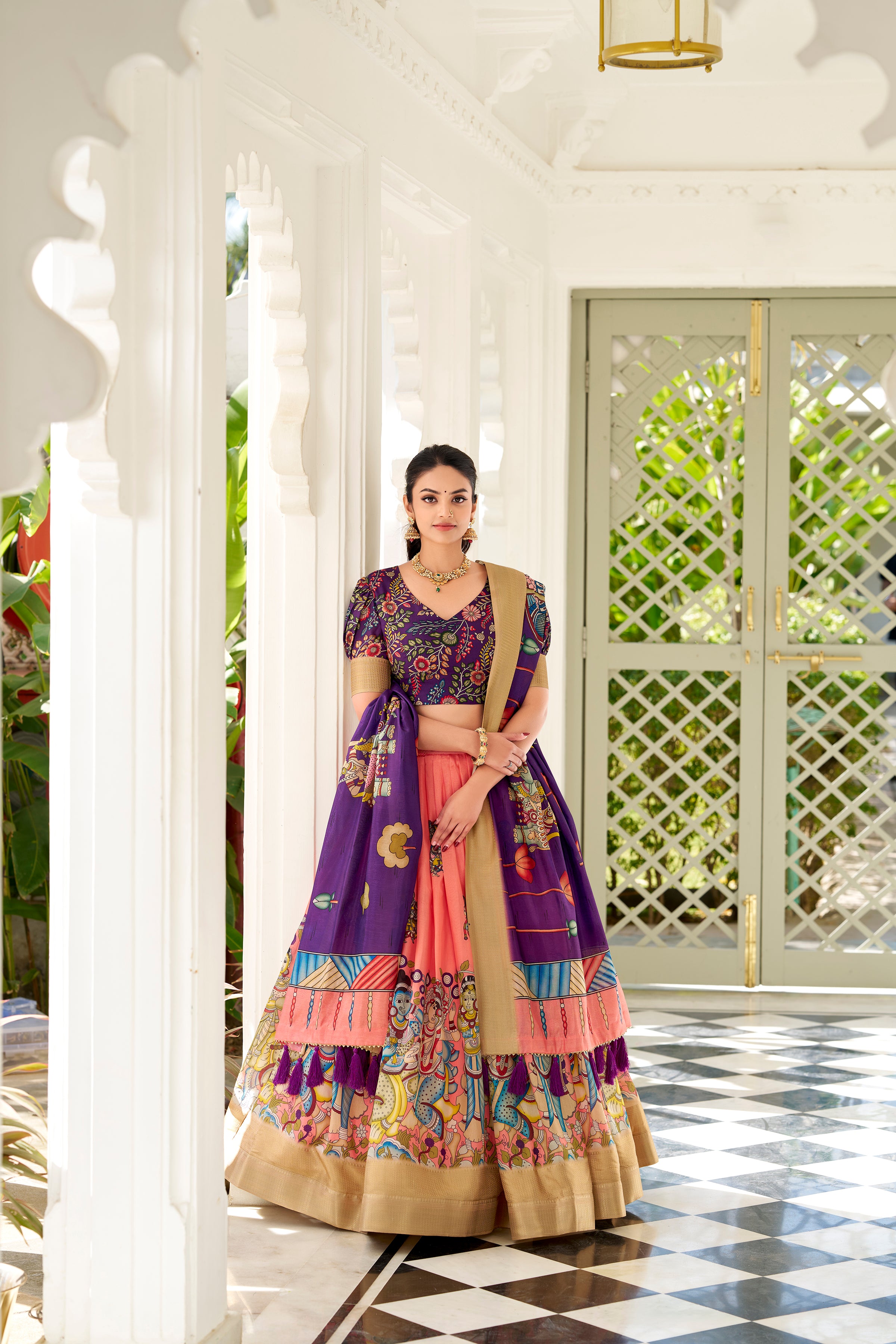 Lorenvalley Peach Dola Silk Kalamkari Print With Weaving Border Lehenga Choli - Distacart