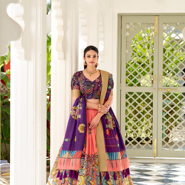 Lorenvalley Peach Dola Silk Kalamkari Print With Weaving Border Lehenga Choli - Distacart