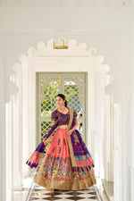 Thumbnail for Lorenvalley Peach Dola Silk Kalamkari Print With Weaving Border Lehenga Choli - Distacart