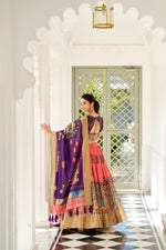 Thumbnail for Lorenvalley Peach Dola Silk Kalamkari Print With Weaving Border Lehenga Choli - Distacart