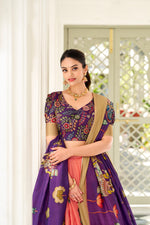 Thumbnail for Lorenvalley Peach Dola Silk Kalamkari Print With Weaving Border Lehenga Choli - Distacart