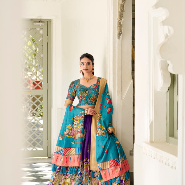 Lorenvalley Purple Dola Silk Kalamkari Print With Weaving Border Lehenga Choli - Distacart
