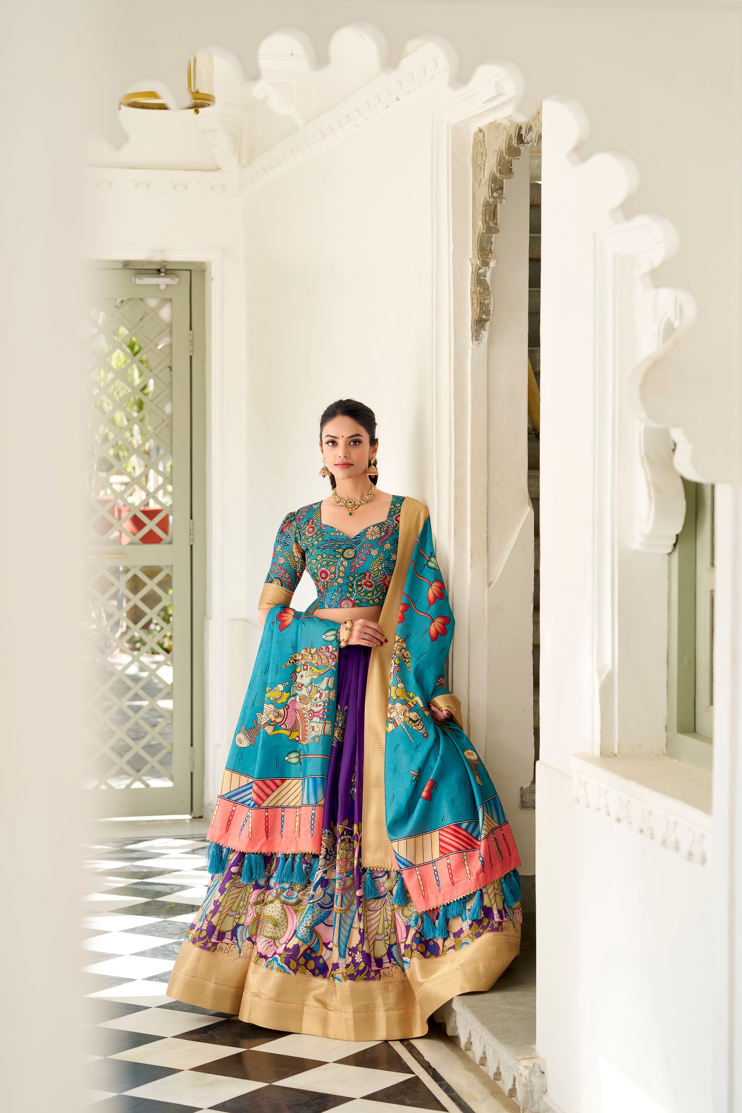 Lorenvalley Purple Dola Silk Kalamkari Print With Weaving Border Lehenga Choli - Distacart