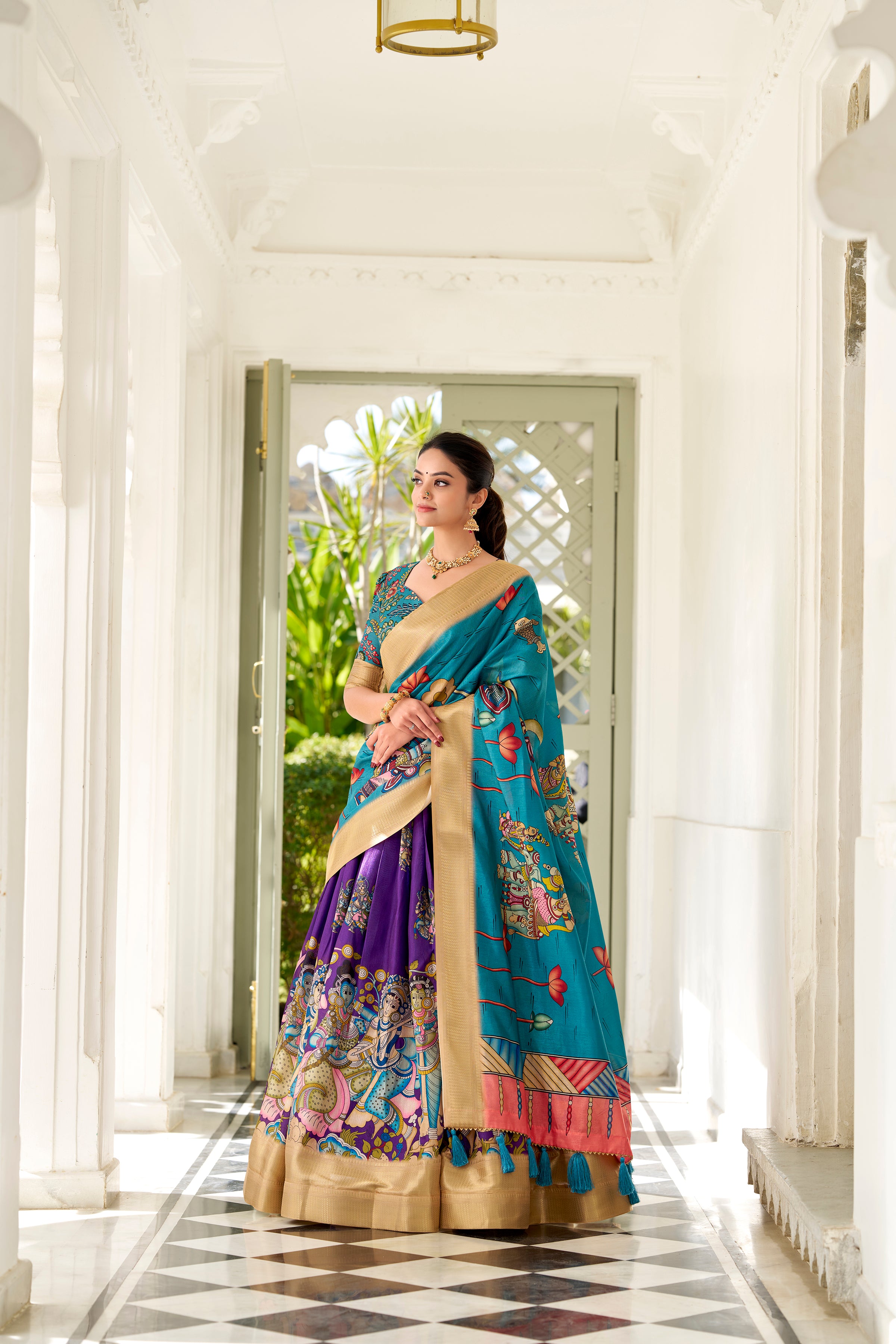 Lorenvalley Purple Dola Silk Kalamkari Print With Weaving Border Lehenga Choli - Distacart
