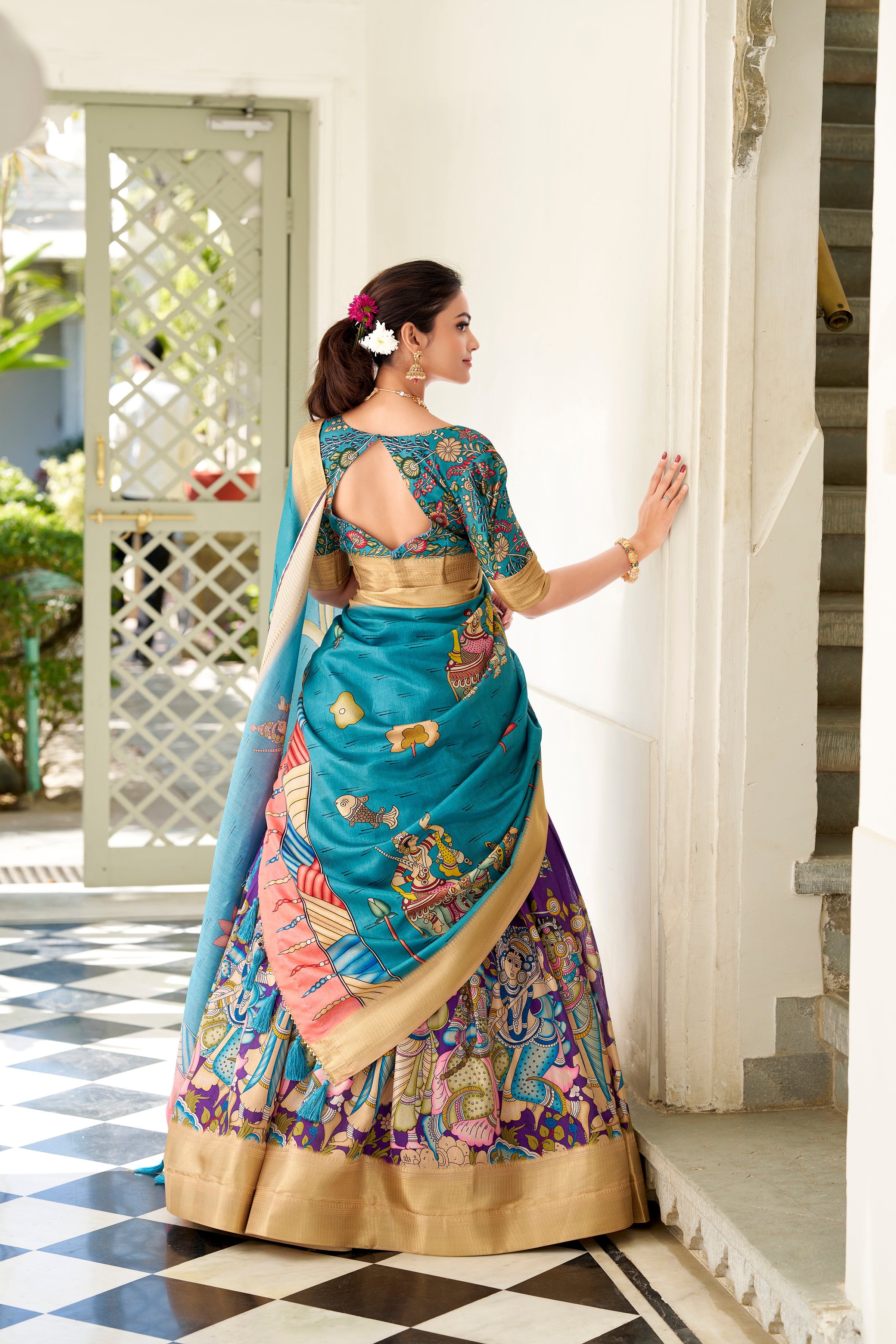 Lorenvalley Purple Dola Silk Kalamkari Print With Weaving Border Lehenga Choli - Distacart