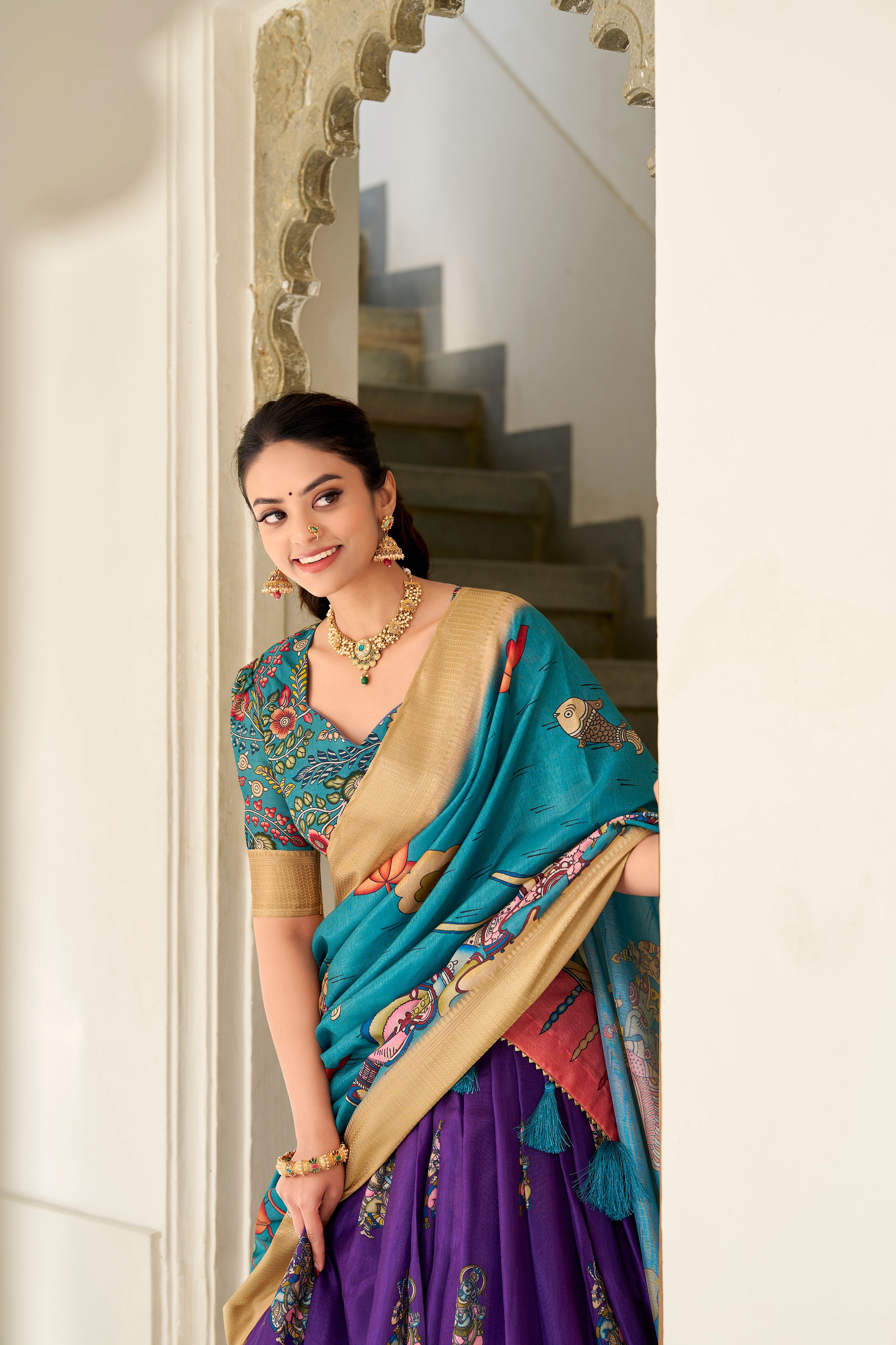 Lorenvalley Purple Dola Silk Kalamkari Print With Weaving Border Lehenga Choli - Distacart