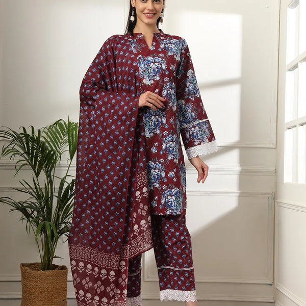 Yufta Maroon Pakistani Cotton Kurta Dupatta Set - Distacart