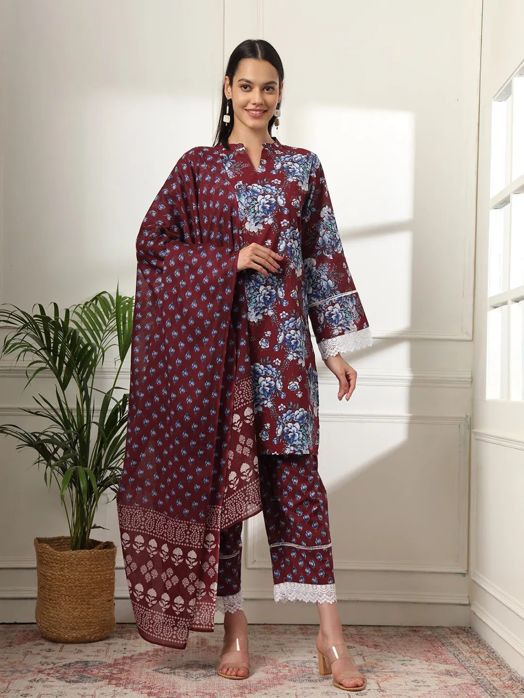 Yufta Maroon Pakistani Cotton Kurta Dupatta Set - Distacart