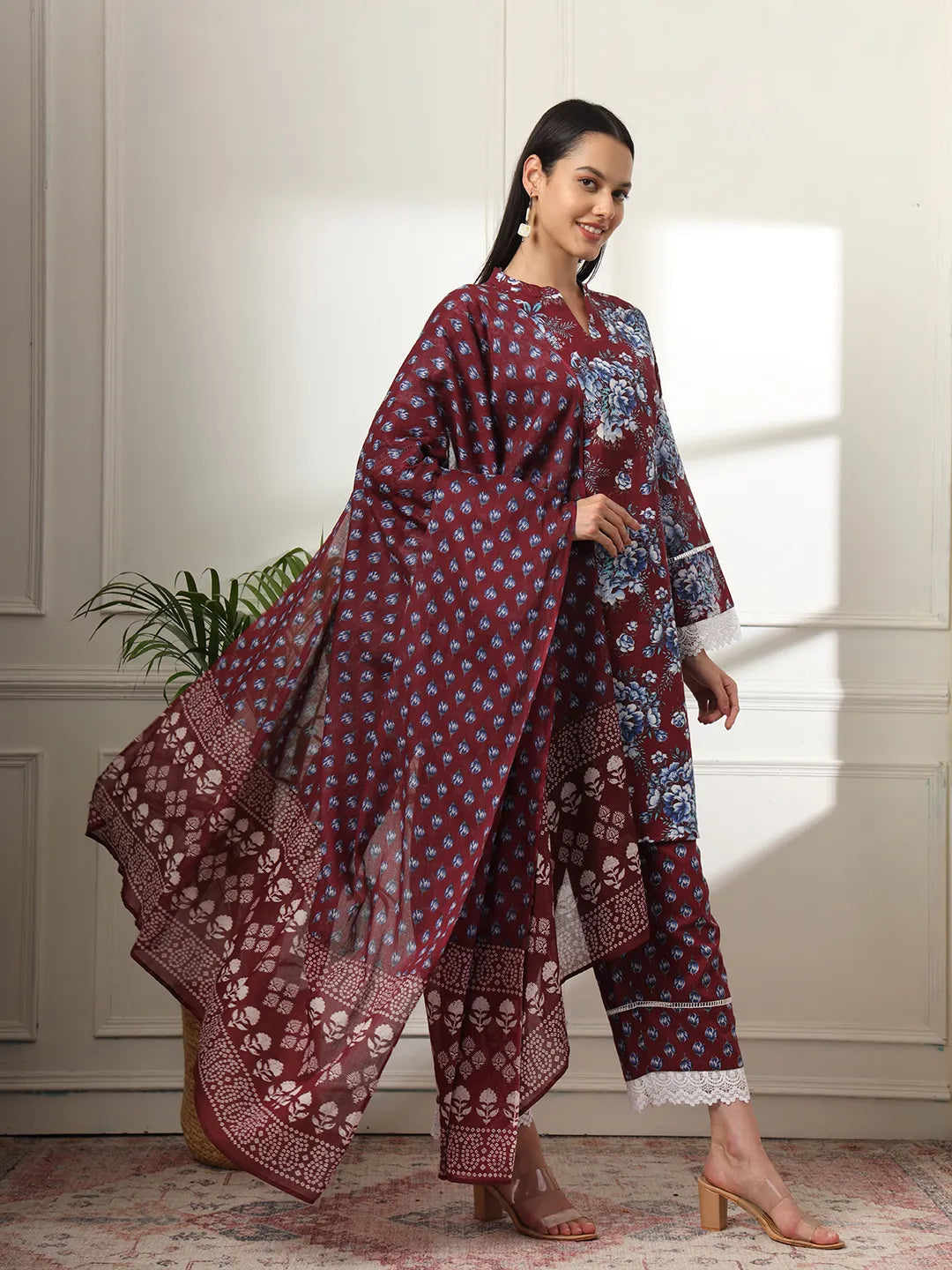 Yufta Maroon Pakistani Cotton Kurta Dupatta Set - Distacart