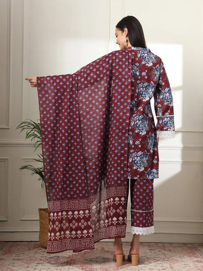 Yufta Maroon Pakistani Cotton Kurta Dupatta Set - Distacart