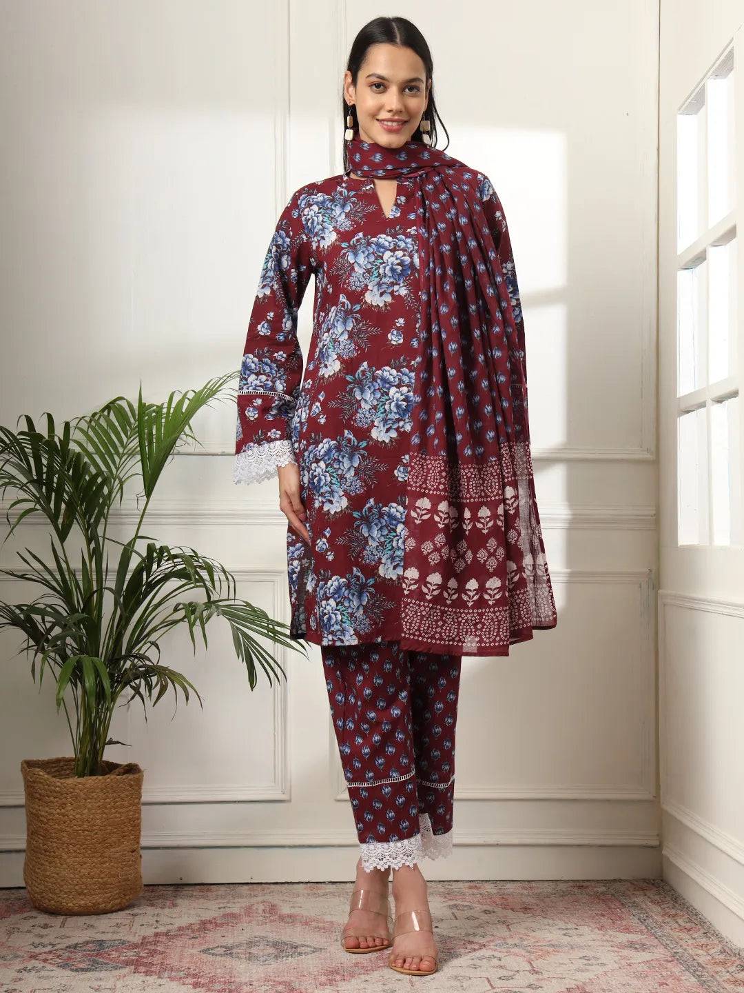 Yufta Maroon Pakistani Cotton Kurta Dupatta Set